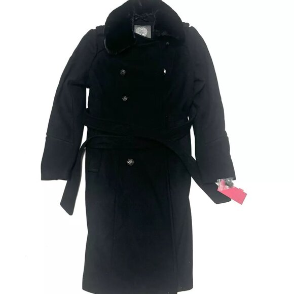 Vince Camuto Womens Double Belted Wool Faux Fur Black Size Medium